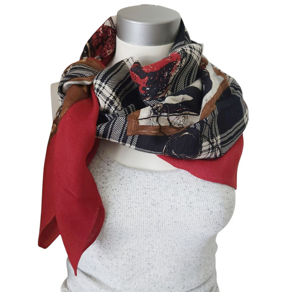 LAUREN RALPH LAUREN square plaid wool retro winter ski sled theme large scarf - Picture 1 of 8